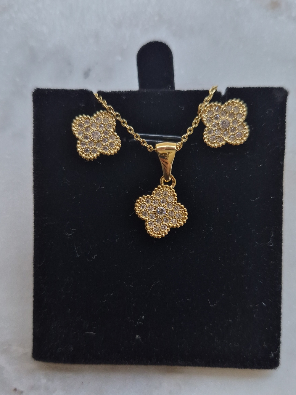 Gold Plated CZ Clover Necklace and Earrings
